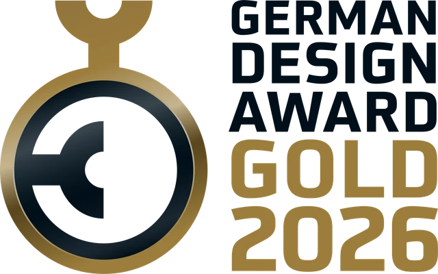 German Design Award Gold 2026 badge — NOVOPRESS 32 pressing machine by Novopress