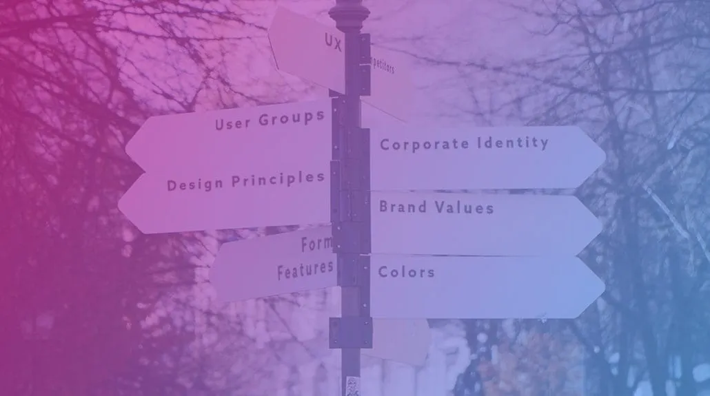 Straßenschild-Pfosten mit Design-Wegweisern: User Groups, Design Principles, Corporate Identity, Brand Values, Colors, UX