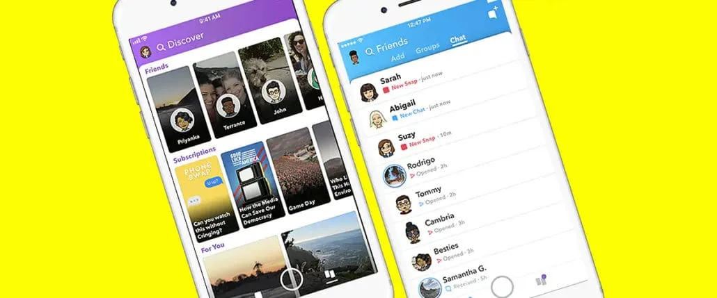 Two smartphones displaying Snapchat's redesigned interface on a bright yellow background