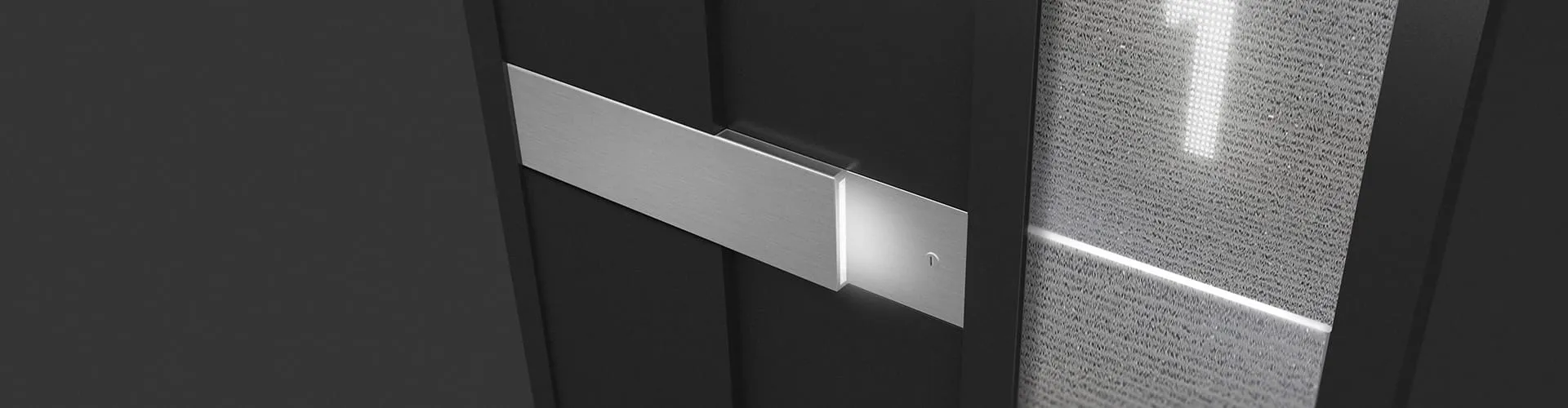 Schmaler Ausschnitt des WERU ATRIS Aluminium-Griffbalkens an der dunklen Eingangstür