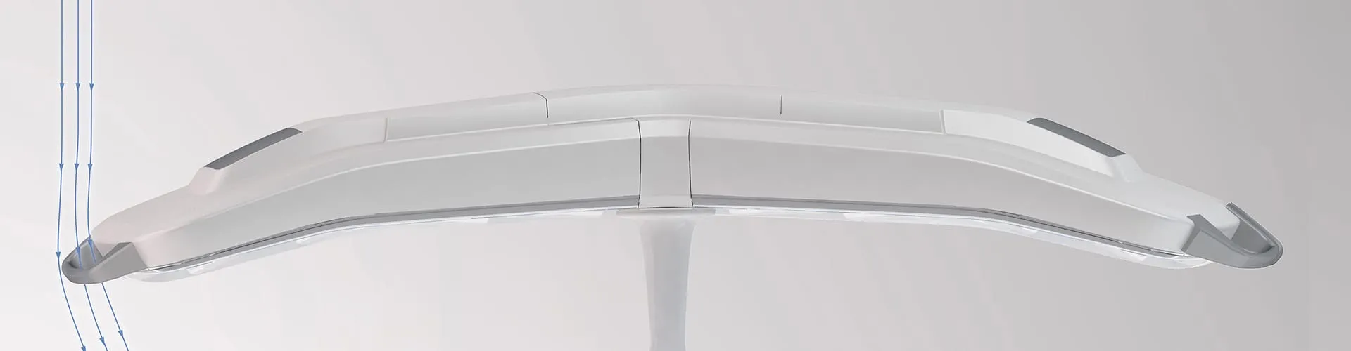 Breitbild-Seitenansicht des APOLLO-Operationsleuchtenarms mit Luftstromdiagramm am geschwungenen Gehäuse