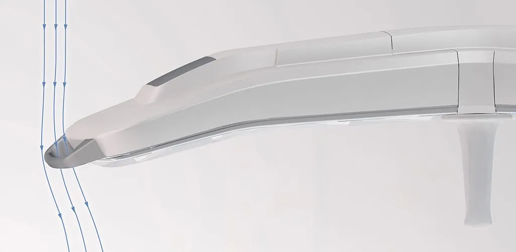 Seitendetail des APOLLO-Operationsleuchtenarms mit Sensoreinheit und aerodynamischem Profil