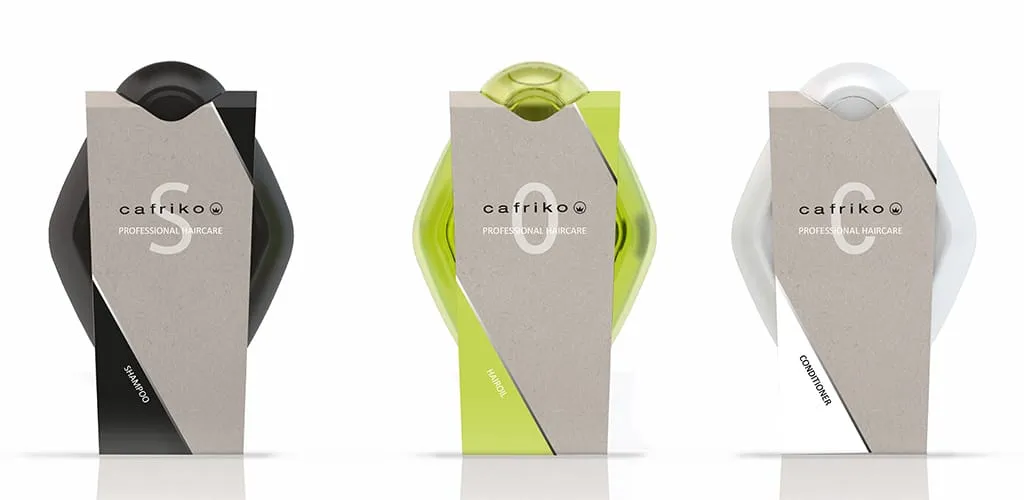 CAFRIKO Shampoo, Haaröl und Conditioner mit Recyclingpapier-Verpackung aufrecht stehend