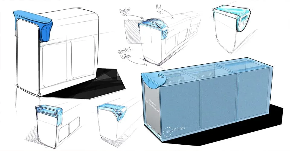 MEDI TIMER Designskizzen und früher 3D-Render des modularen Pillen-Managementsystem-Konzepts
