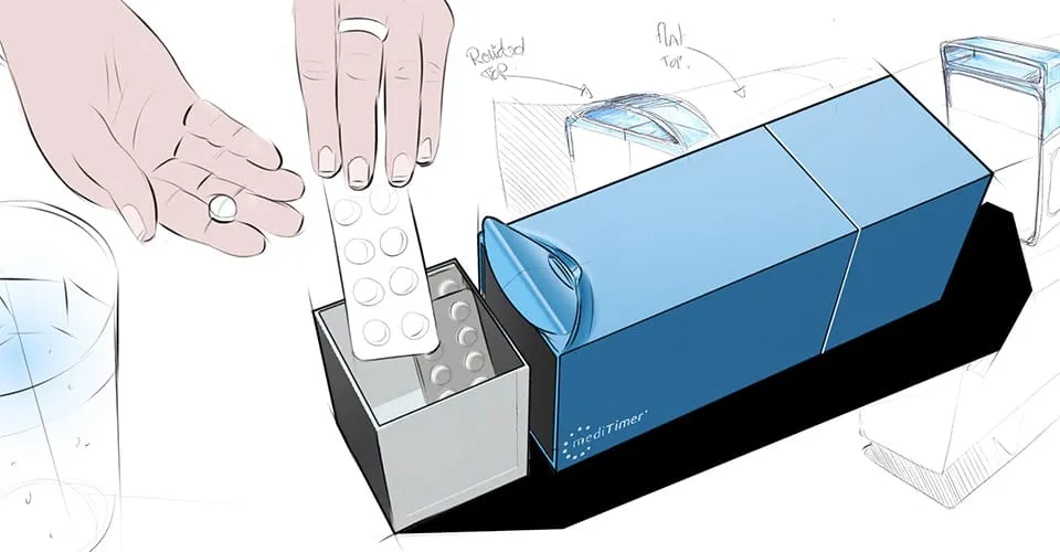 Skizze mit einer Hand, die einen Blister in die mediTimer-Box einlegt, daneben eine Flasche flüssiger Medikamente