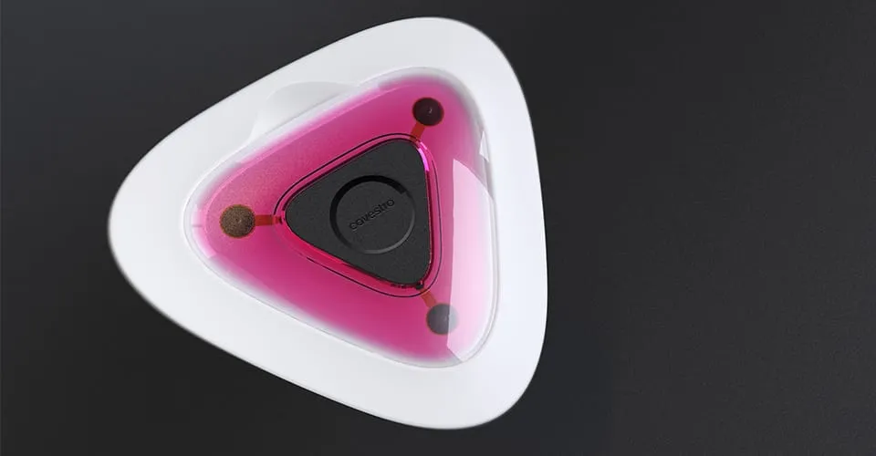 Top-down view of Covestro Activate 3D-printed wearable with translucent pink liquid cartridge