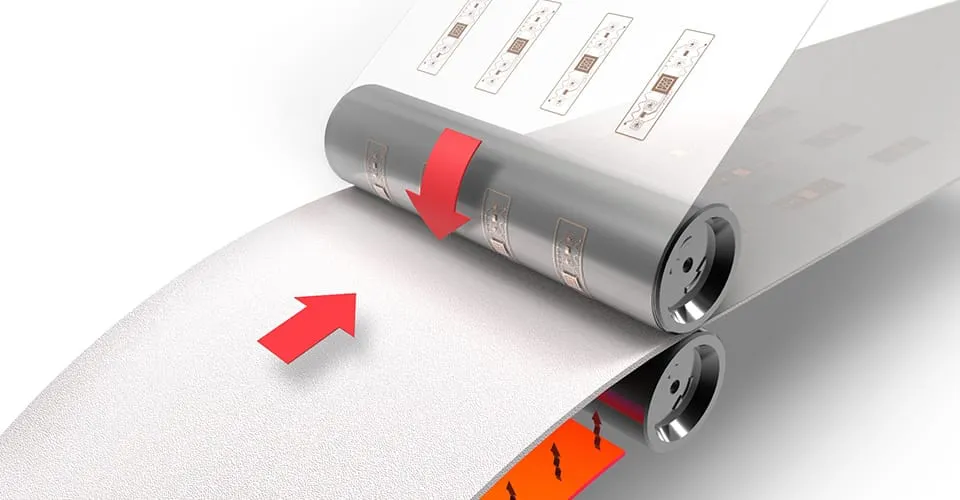 Roll-to-roll manufacturing process embedding electronics into flexible Covestro 3D-printed wearable material