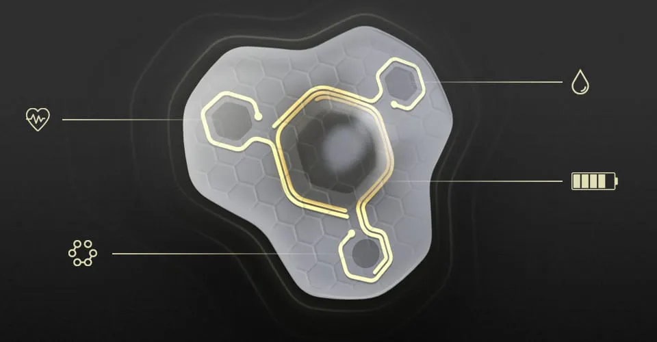 Diagram of Covestro Patch 3D-printed wearable showing integrated gold circuit paths and sensor nodes