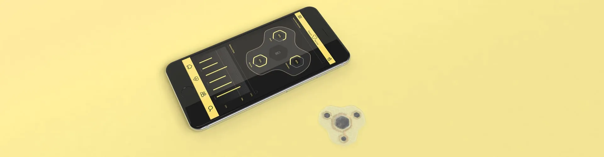 Covestro Patch 3D-printed wearable and smartphone companion app on yellow background, wide view