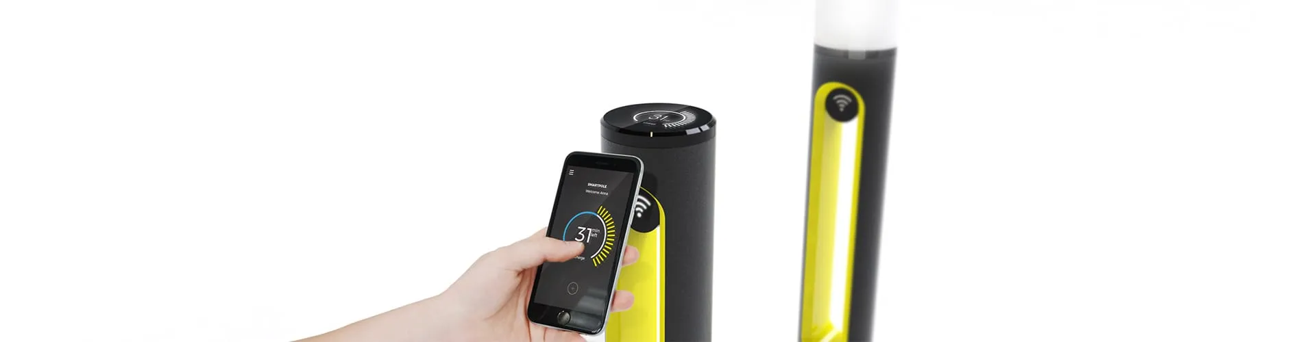 Wide render of SMARTPOLE unit with smartphone showing charge status app alongside light pole extension variant