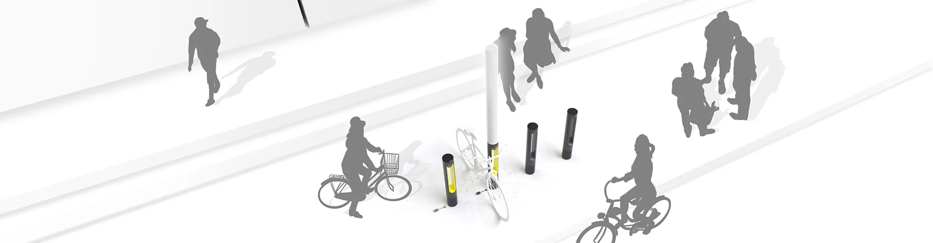 Wide isometric concept render of SMARTPOLE stations in an urban public space with pedestrians and cyclists