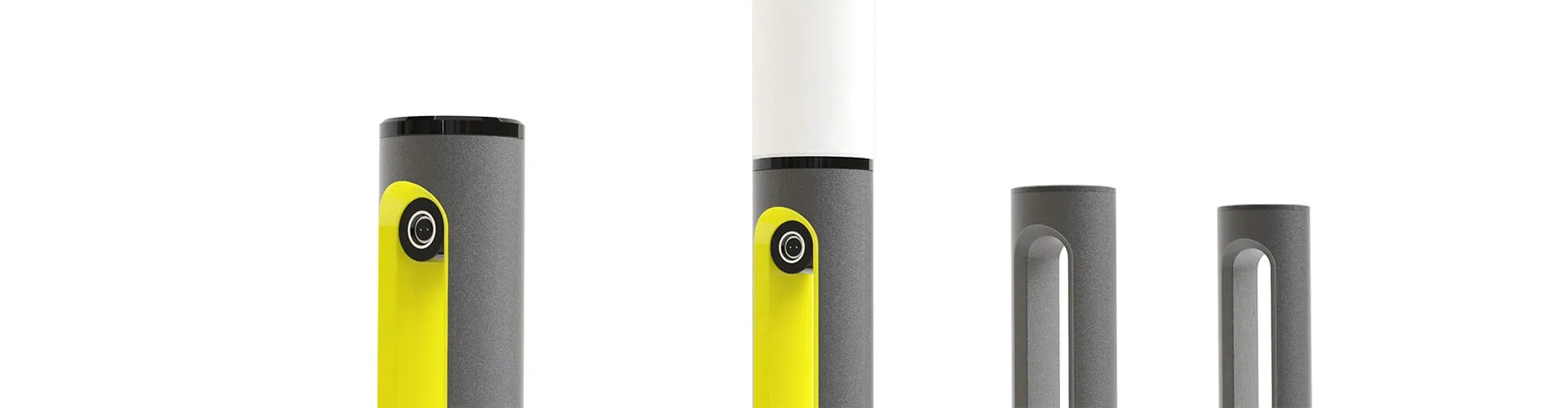 Wide product render of four SMARTPOLE module variants on white background illustrating the modular system