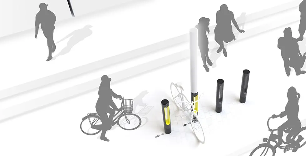 Isometric concept illustration of SMARTPOLE units integrated into an urban pedestrian zone with cyclists