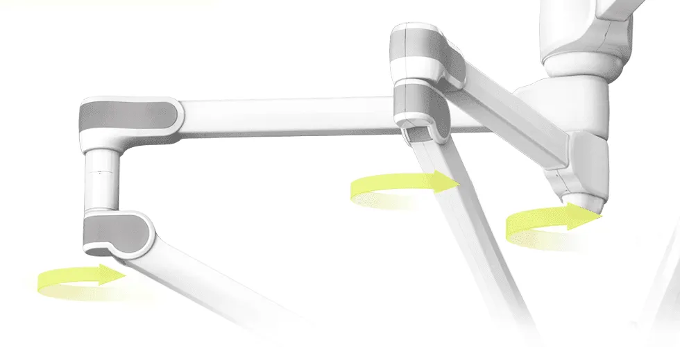 VALIA arm rotation diagram: Ondal medical design showing 360° joint flexibility with yellow arrows