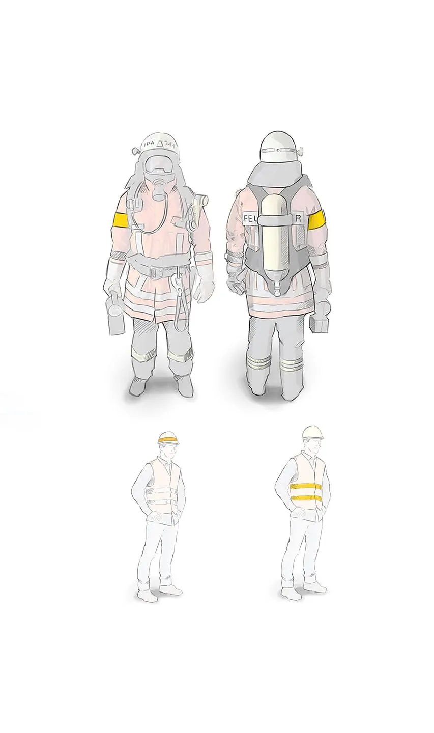 Konzeptskizzen von Feuerwehrmann- und Bauarbeiter-Anzügen mit Arbeitssicherheits-Anwendungsfällen der SURFTEX-Textilantenne
