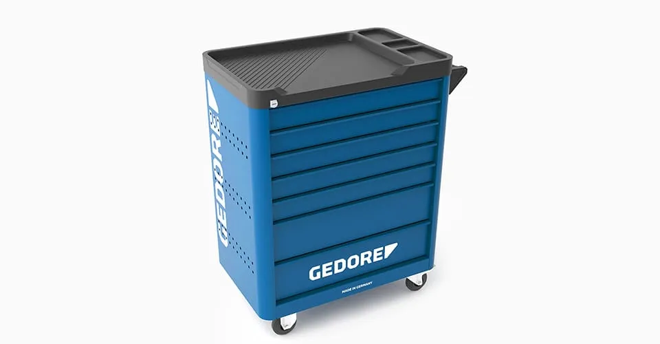 GEDORE WORKSTER smartline blauer Werkzeugwagen mit rutschfester Arbeitsfläche, Dreiviertelansicht