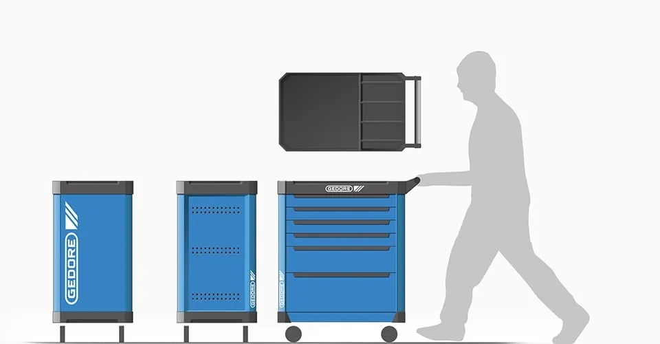 Systemdiagramm des modularen WORKSTER Werkzeugwagens mit Komponenten und menschlicher Silhouette