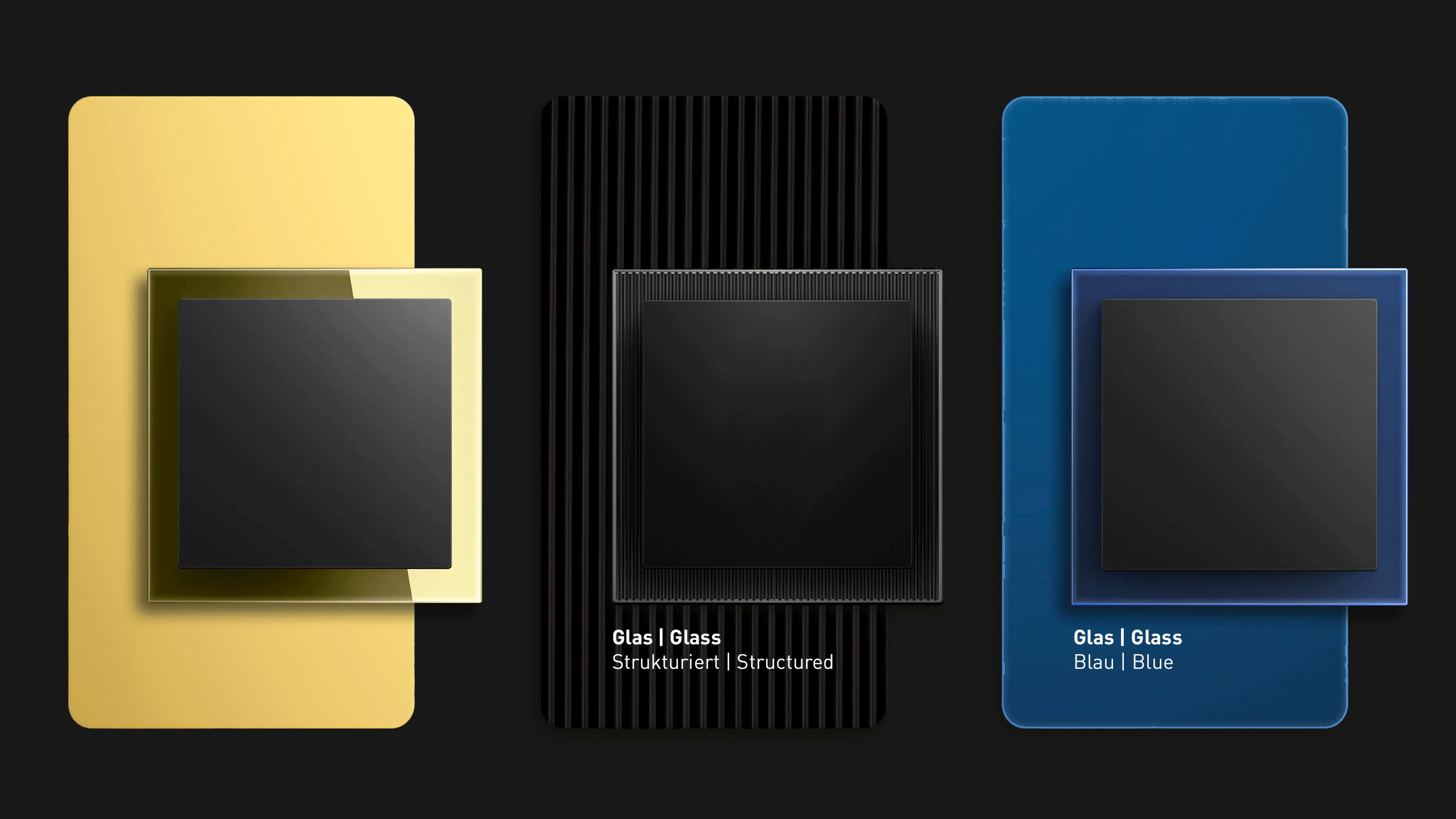 Animated CMF presentation of Busch-art linear switches by Busch-Jaeger in glass, metal and premium plastic finishes