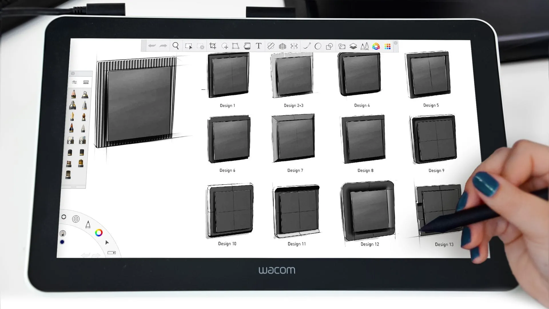 Designer sketching Busch-art linear switch variants on a Wacom tablet during the Busch-Jaeger design development phase