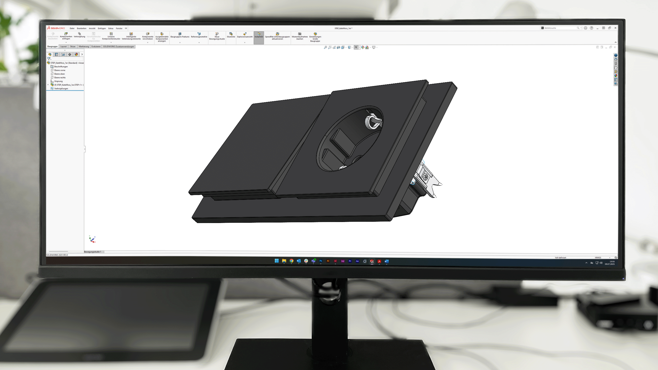 SolidWorks CAD model of a Busch-art linear Busch-Jaeger socket module, showing the transition from 3D model to render