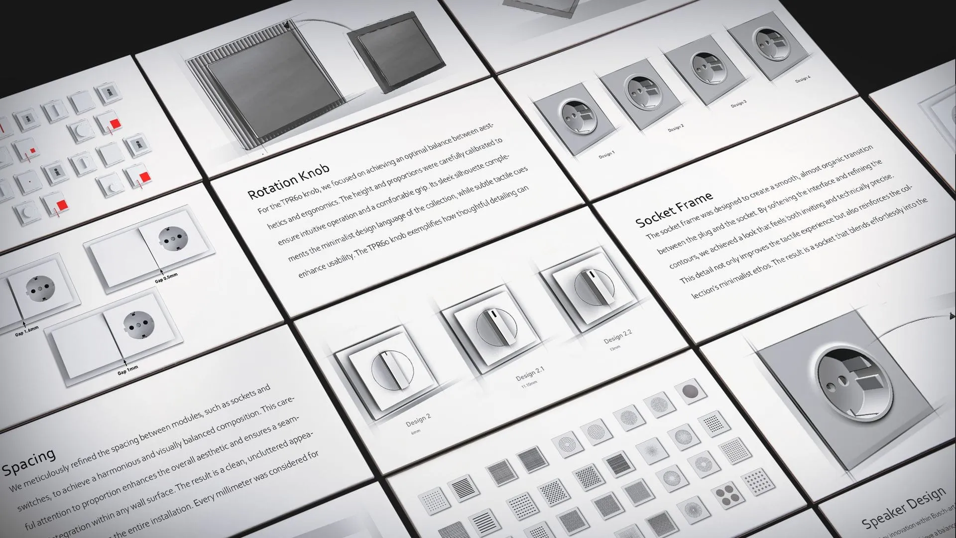 Busch-art linear design detailing sheets by Busch-Jaeger showing rotation knob, socket frame and speaker module studies