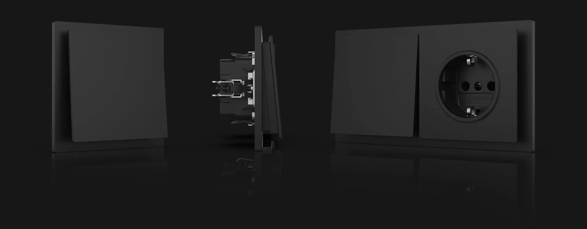 Busch-art linear by Busch-Jaeger — dark matte switch and socket unit shown front, side and assembled in a studio render