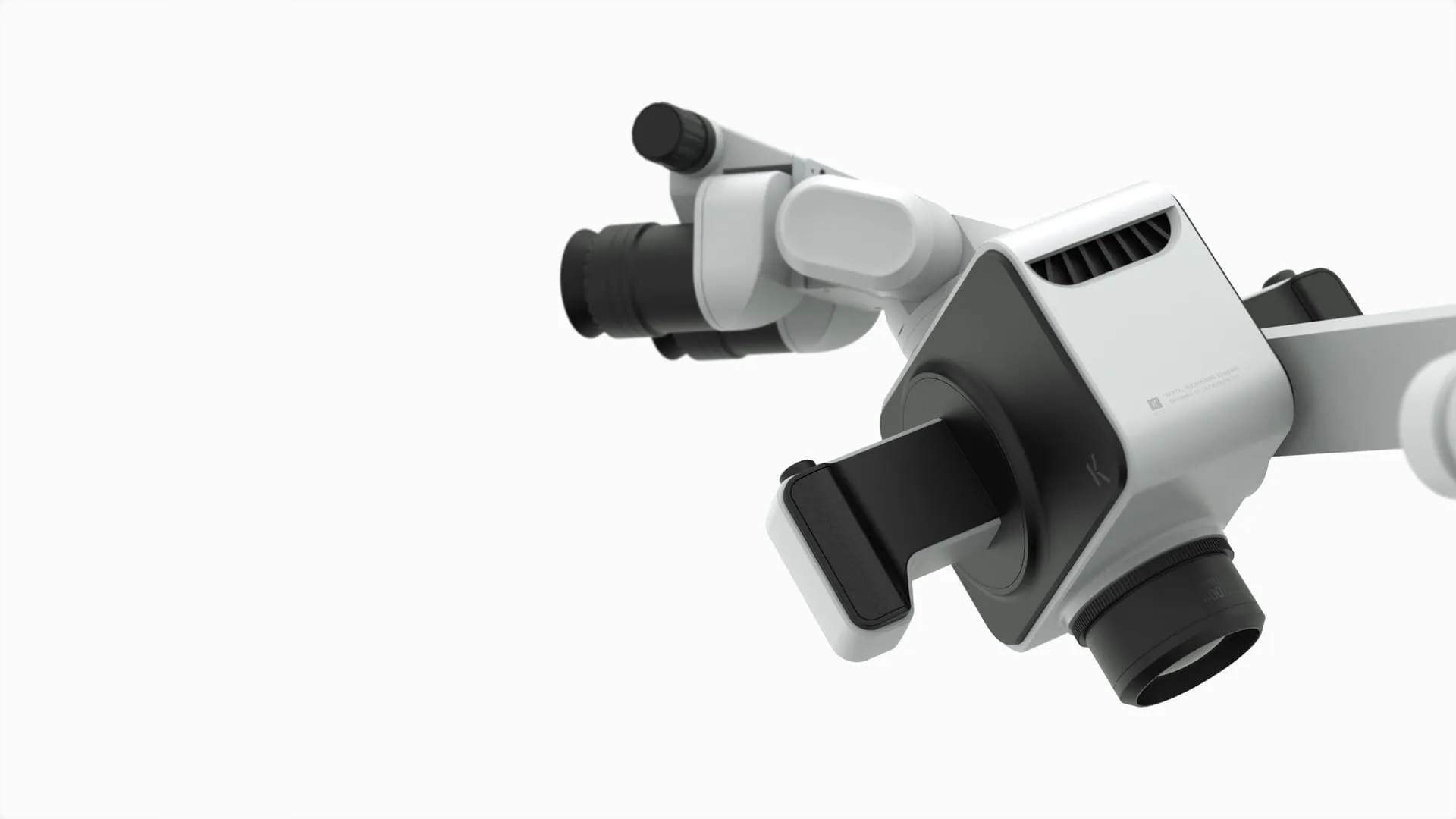 Rear perspective render of KEPLER dental microscope showing ventilation grille and shift paddle detail