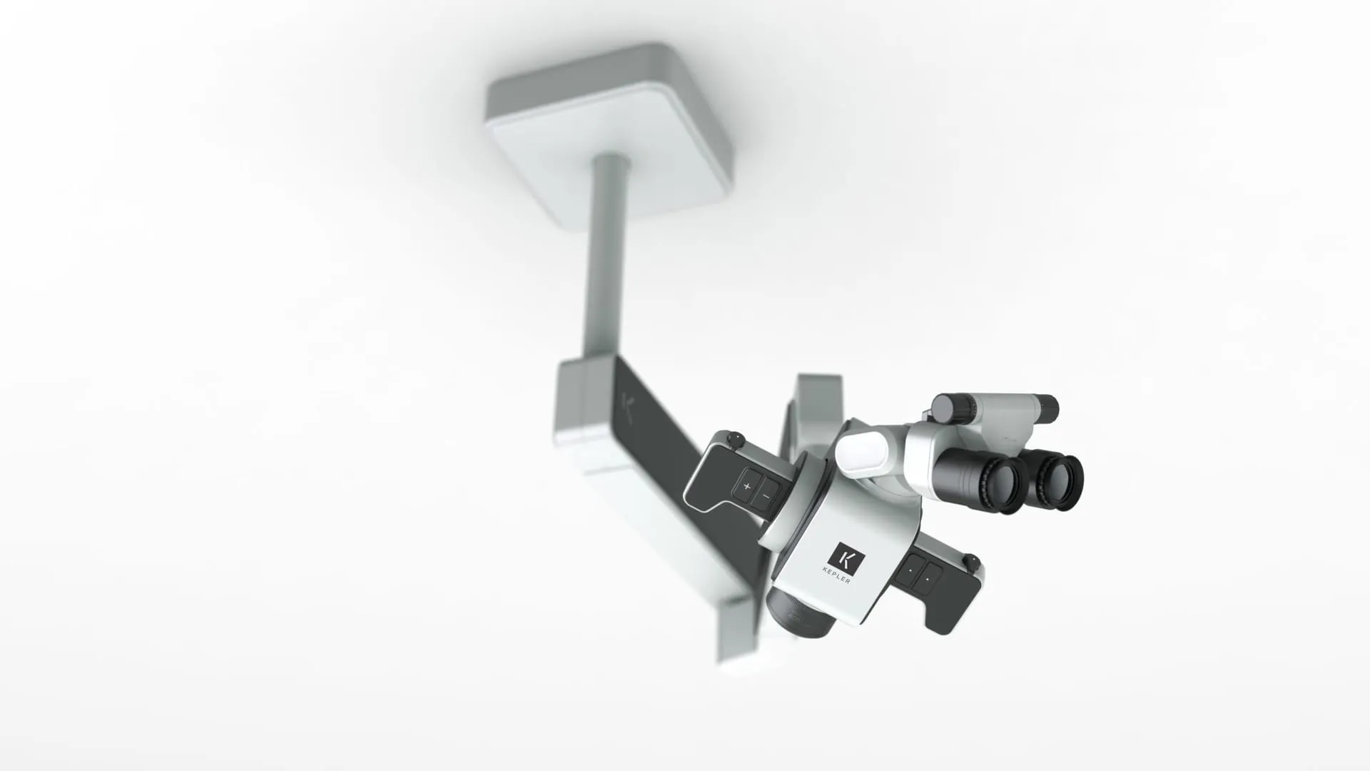 KEPLER dental microscope suspended from ceiling mount, dynamic fly-by render on white background