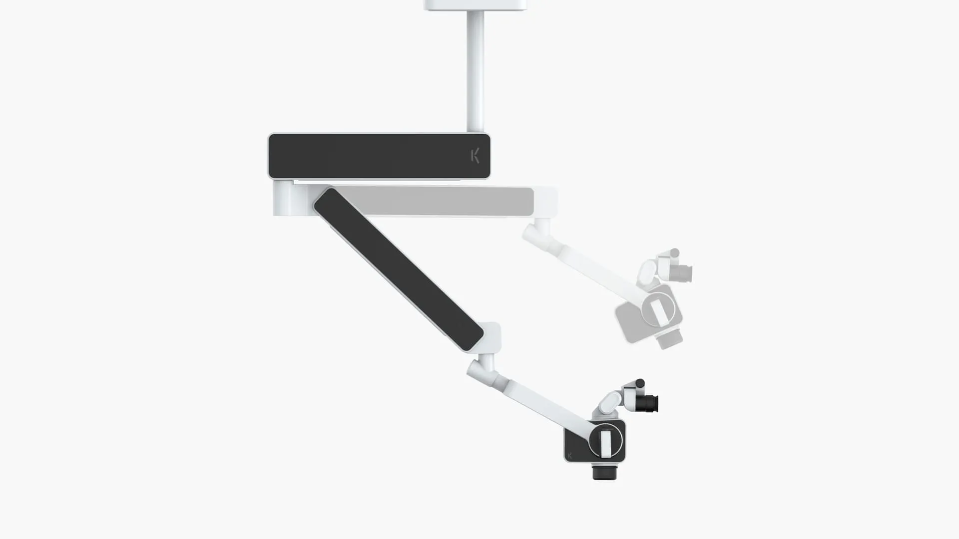 KEPLER dental microscope ceiling arm fully extended, illustrating swivel range across multiple positions