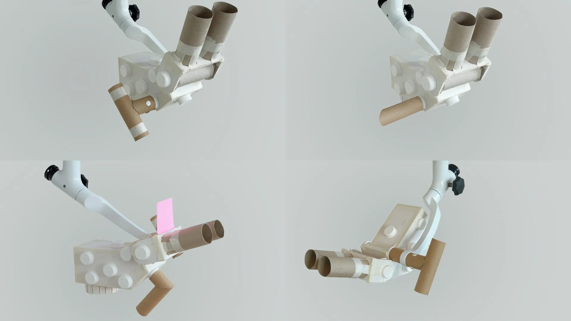 Four cardboard and foam ad-hoc models exploring different ergonomic body configurations for the KEPLER dental microscope