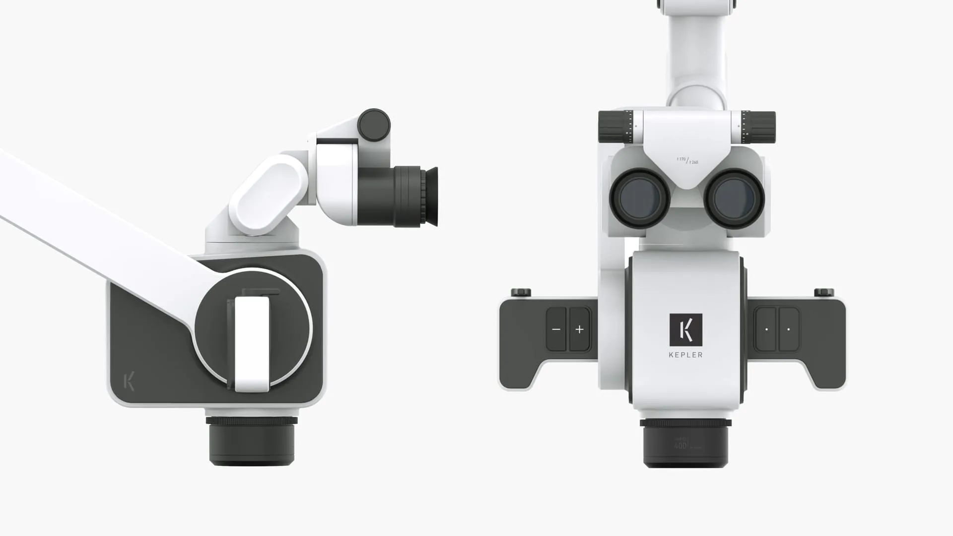 Side and front renders of the KEPLER dental microscope showing the branded body and symmetric control panels