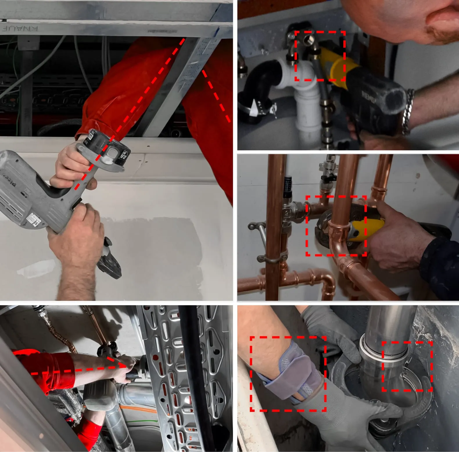 Feldforschung-Collage: Installateure beim Einsatz einer Pressmaschine in beengten Räumen auf realen Baustellen