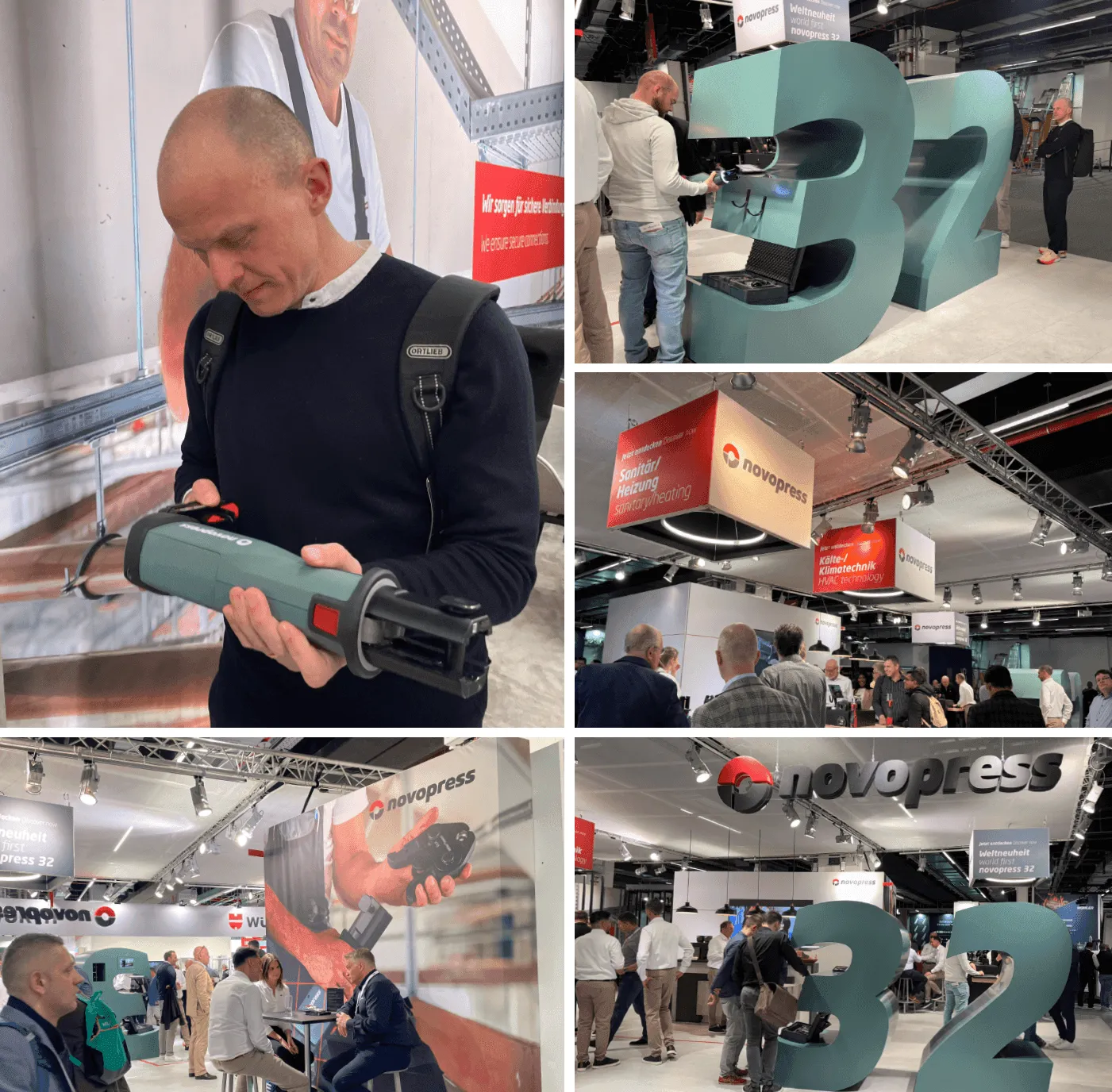 ISH 2025 Collage: Besucher halten die NOVOPRESS 32 Pressmaschine am Novopress Messestand in den Händen