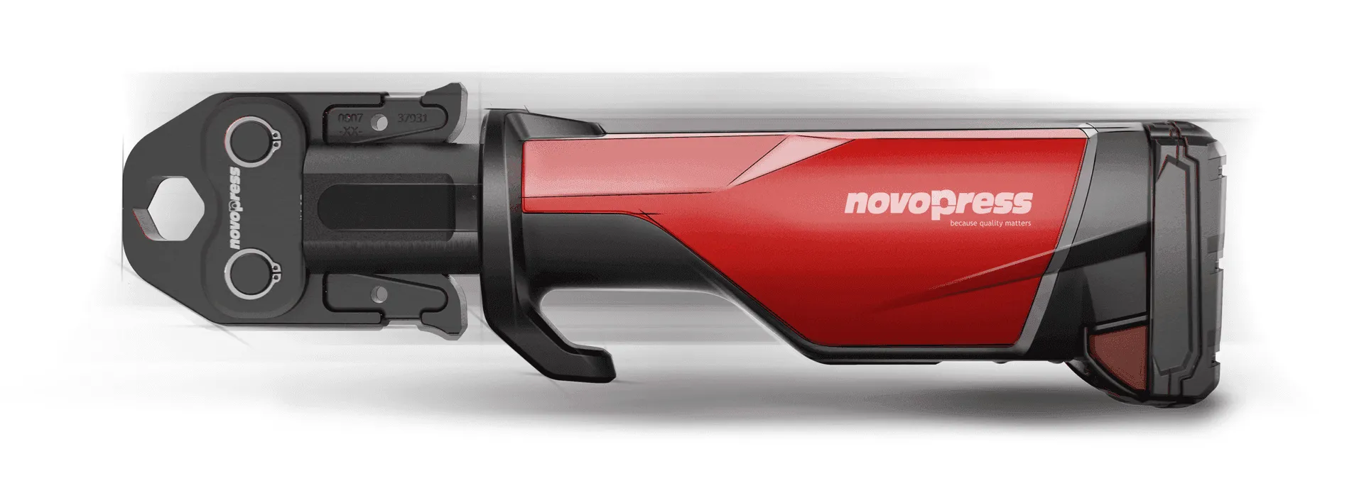 Finales Design-Rendering der NOVOPRESS 32 Pressmaschine in Rot mit montiertem Pressbacken, Seitenansicht