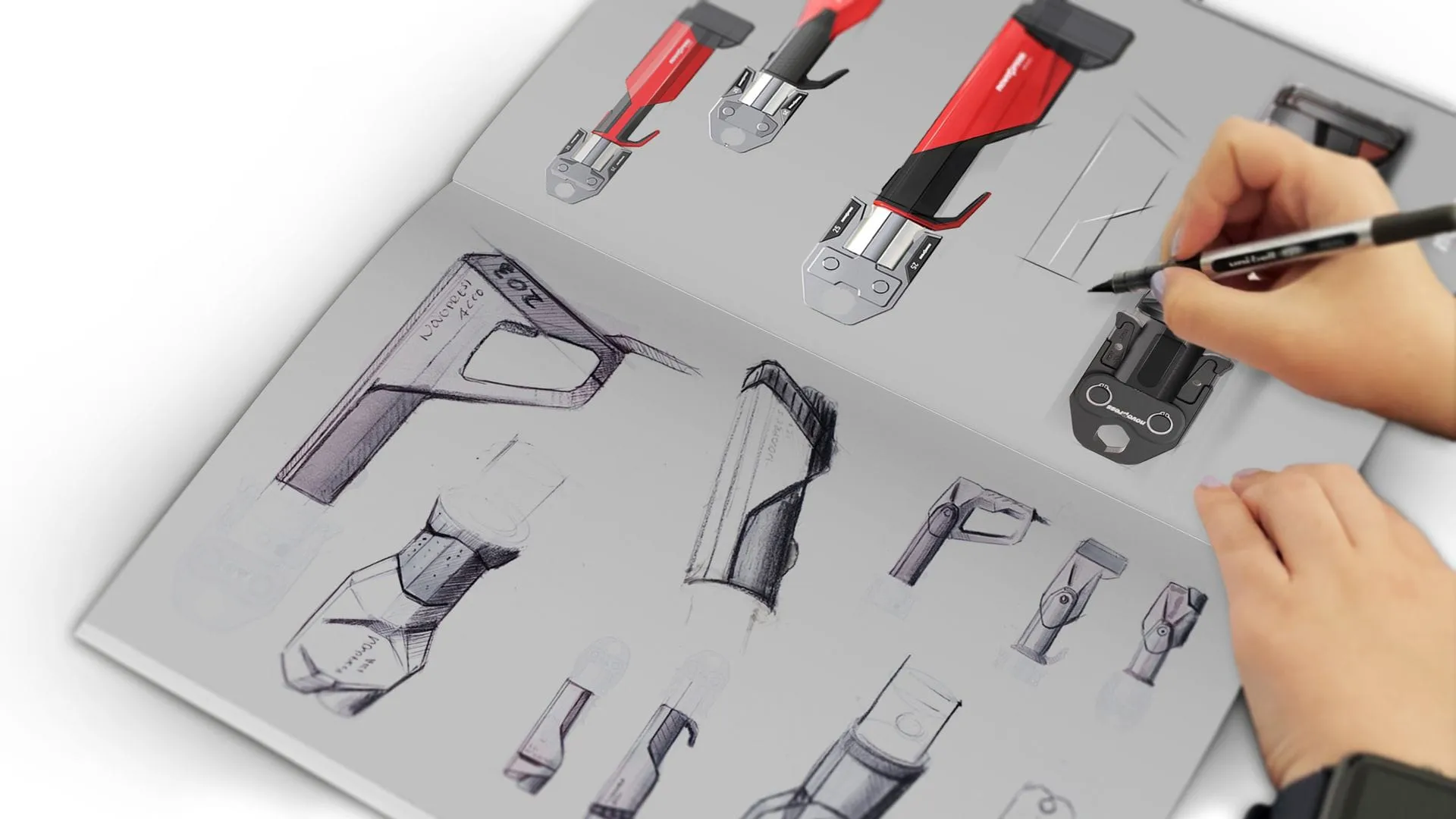 Designer skizziert NOVOPRESS 32 Pressmaschinen-Konzepte in einem offenen Skizzenbuch mit handgezeichneten Formstudien