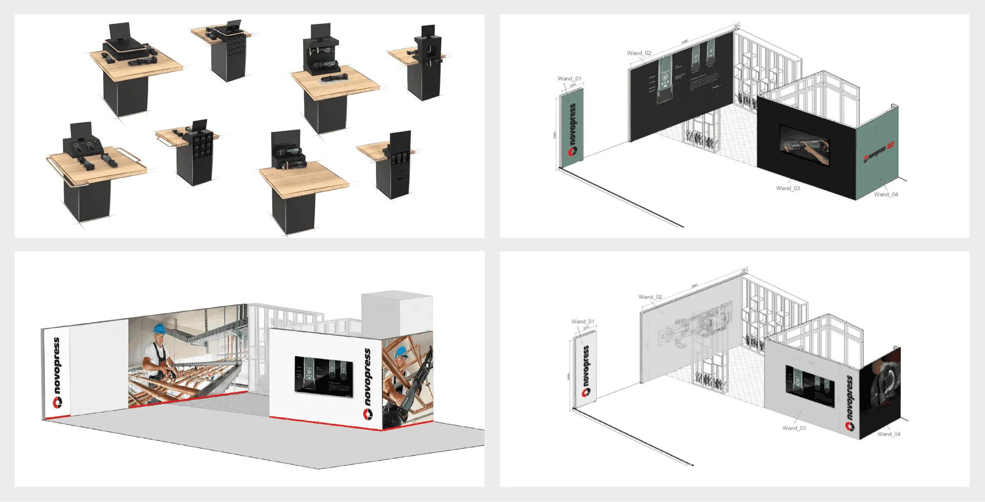 Messestand-Konzeptskizzen für die Markteinführung der NOVOPRESS 32 Pressmaschine mit Tisch- und Booth-Entwürfen