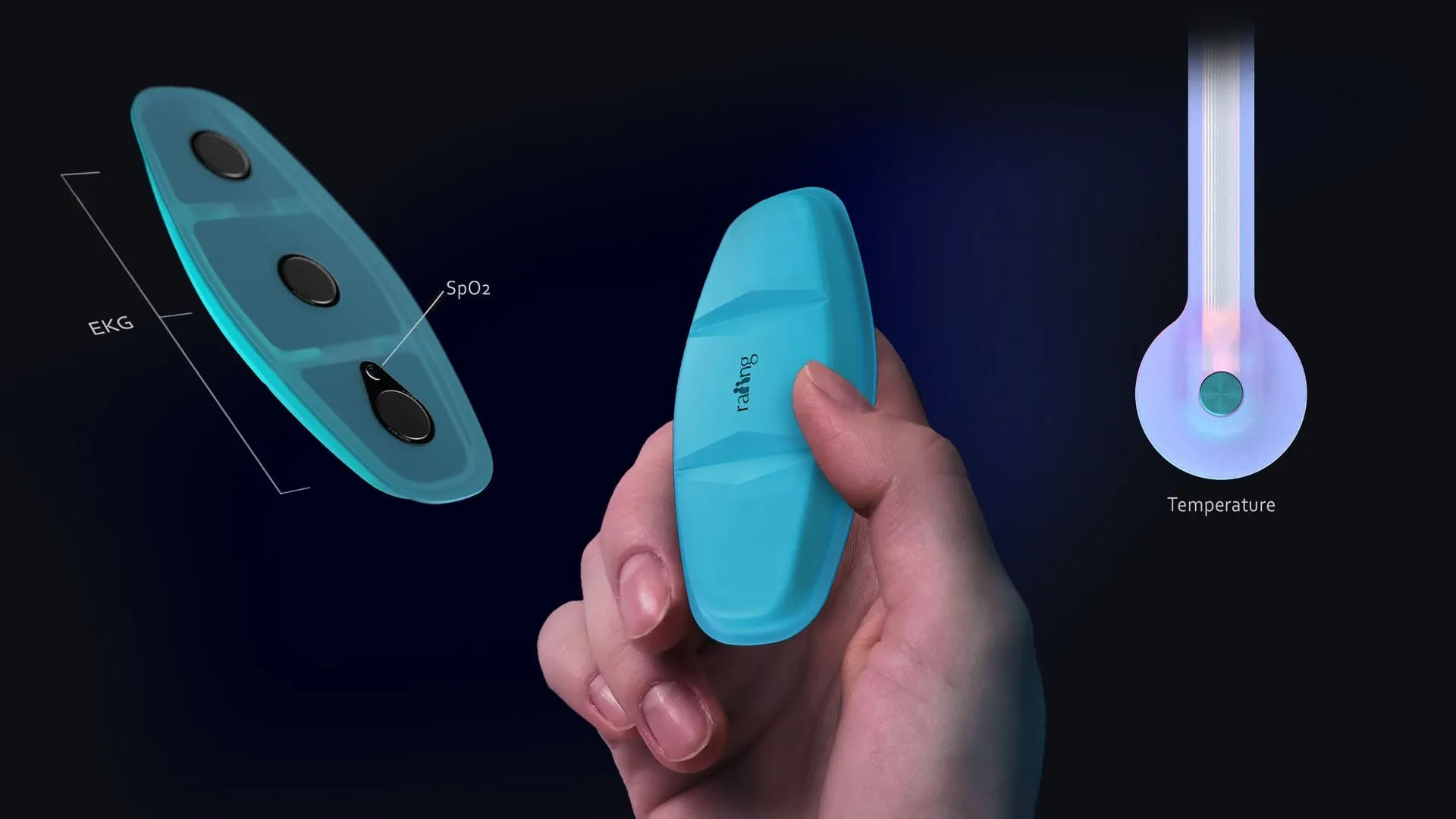 RAIING MEDICAL Temp+ Health Care Wearable in der Hand mit EKG- und SpO2-Sensoren und Temperaturanzeige