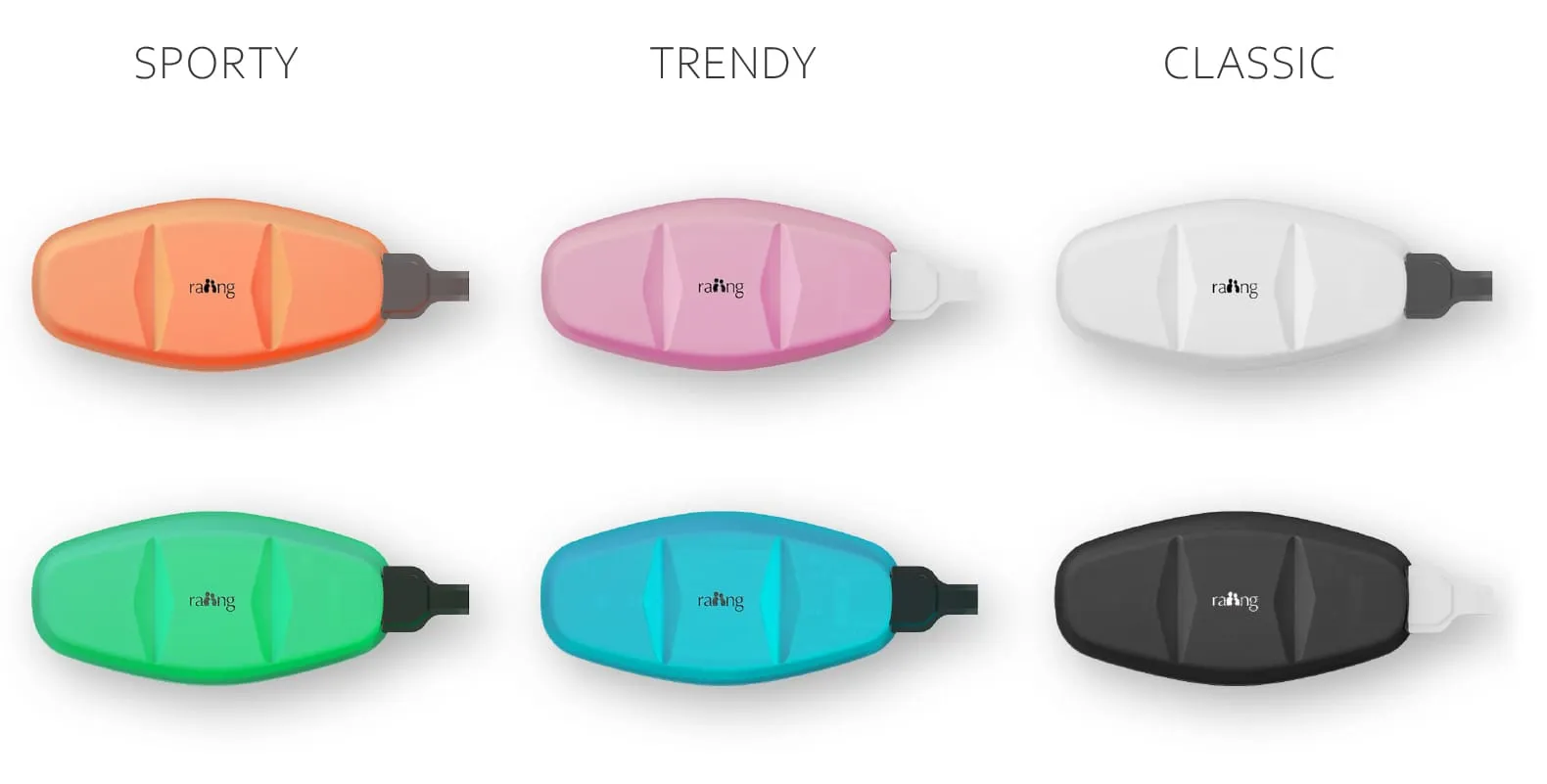 Sechs Farbvarianten des Temp+ Health Care Wearables von RAIING MEDICAL: Sporty, Trendy und Classic