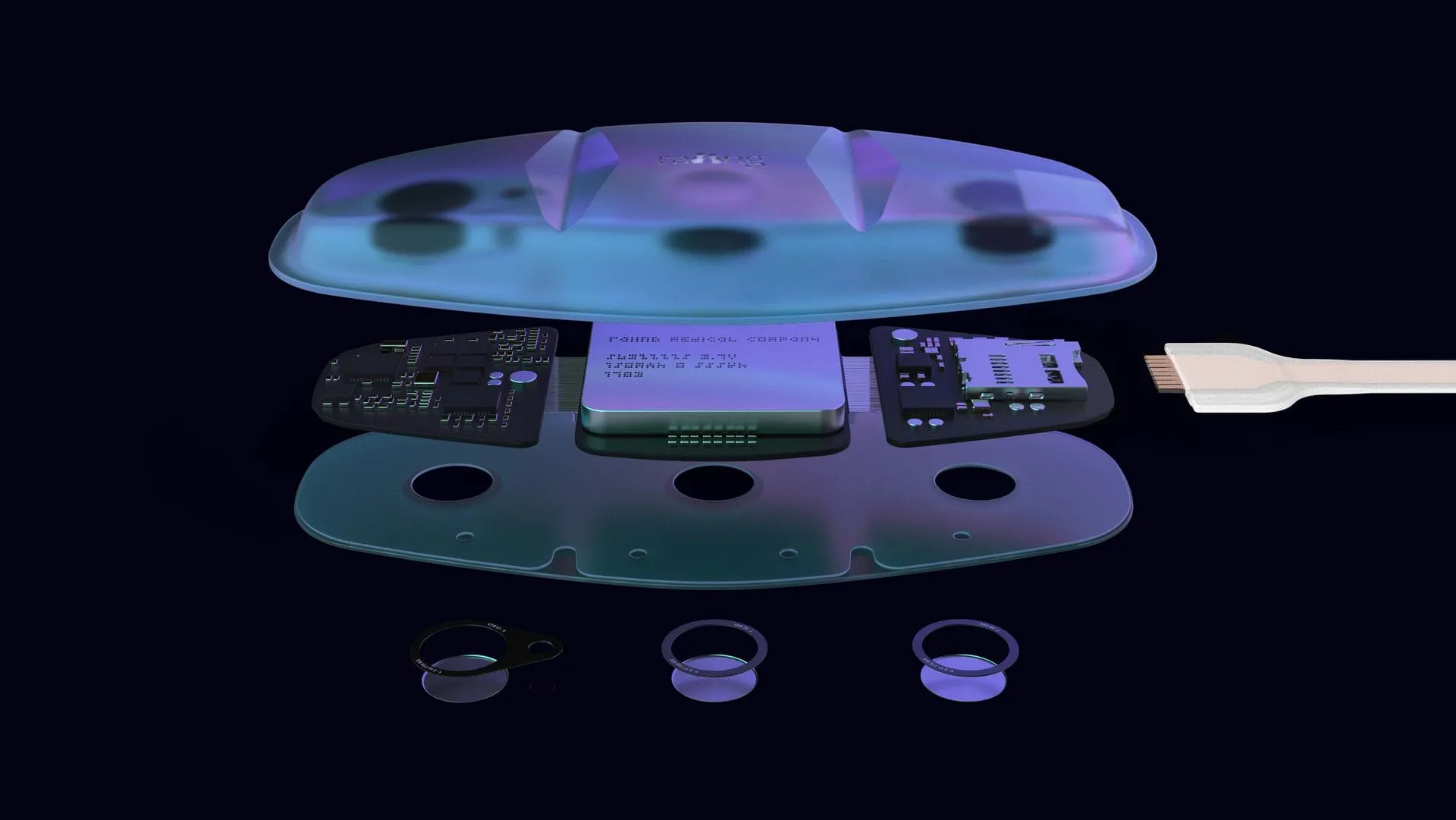 Explosionszeichnung des Temp+ Health Care Wearables von RAIING MEDICAL mit Silikonschale, Leiterplatten und EKG-Elektroden