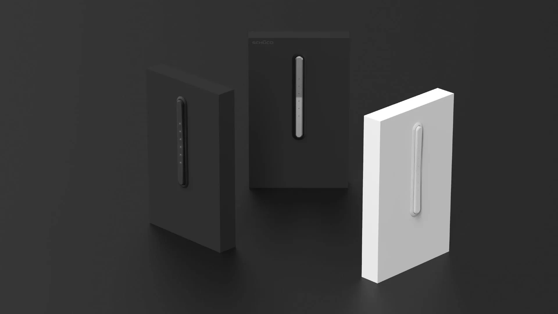 Drei Oberflächen-Varianten des Schüco ASE 60/80 TipTronic Schalters auf Panelmodellen