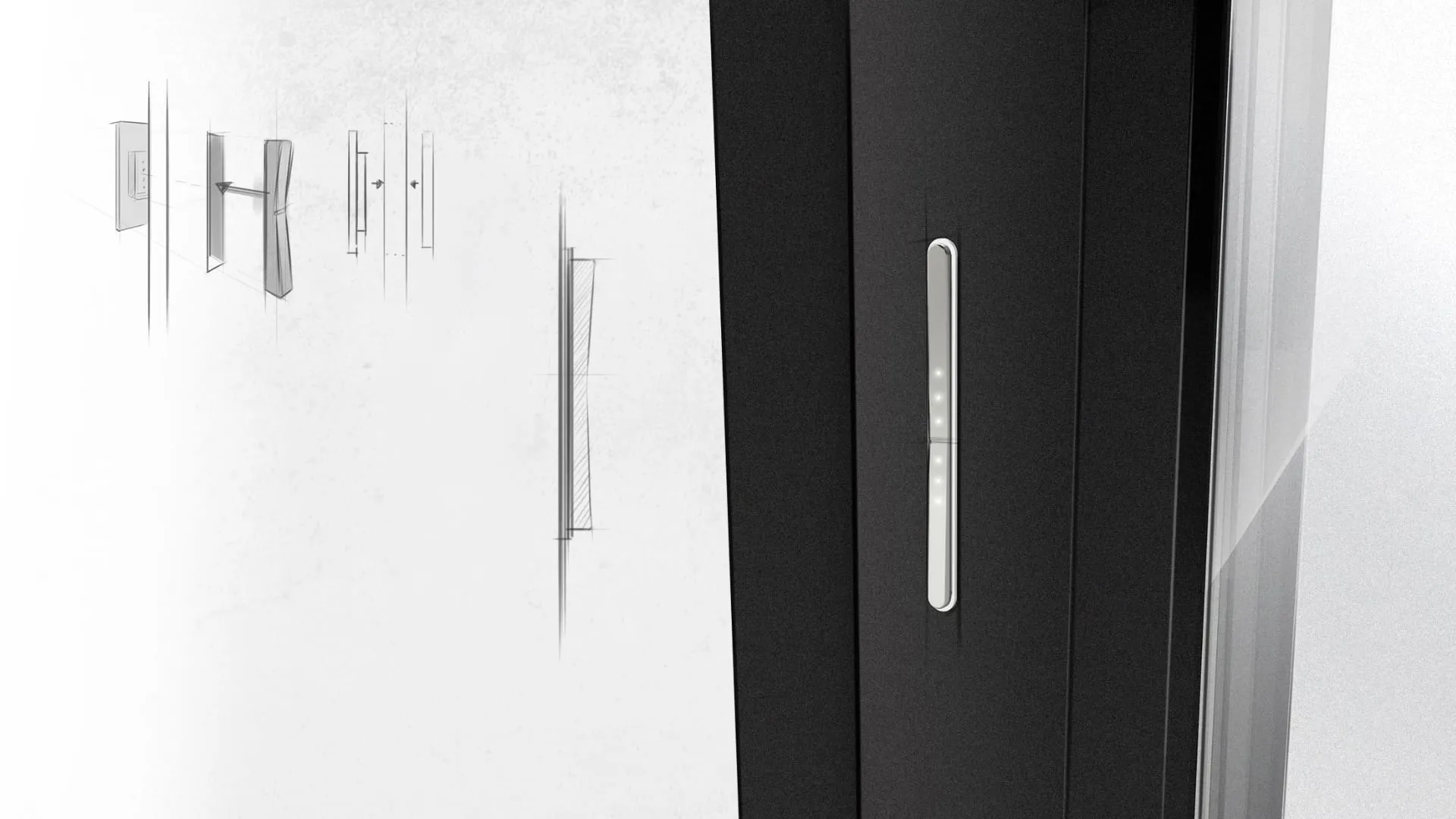 Schüco ASE 60/80 TipTronic Designskizzen neben Schalterprototyp im Türrahmen