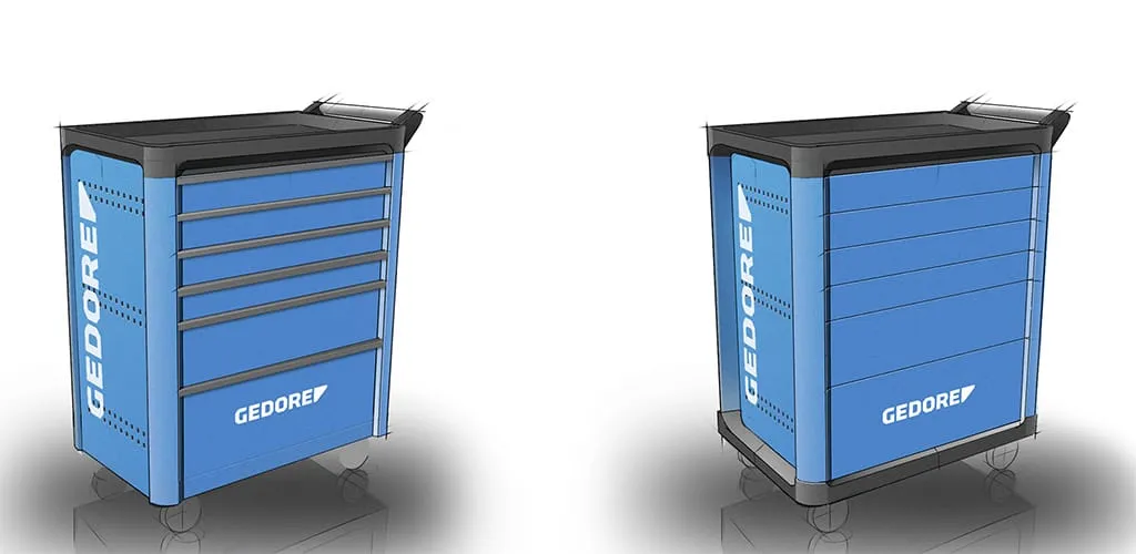 Zwei frühe Designskizzen des GEDORE WORKSTER smartline Werkzeugwagens – Vorder- und Rückansicht