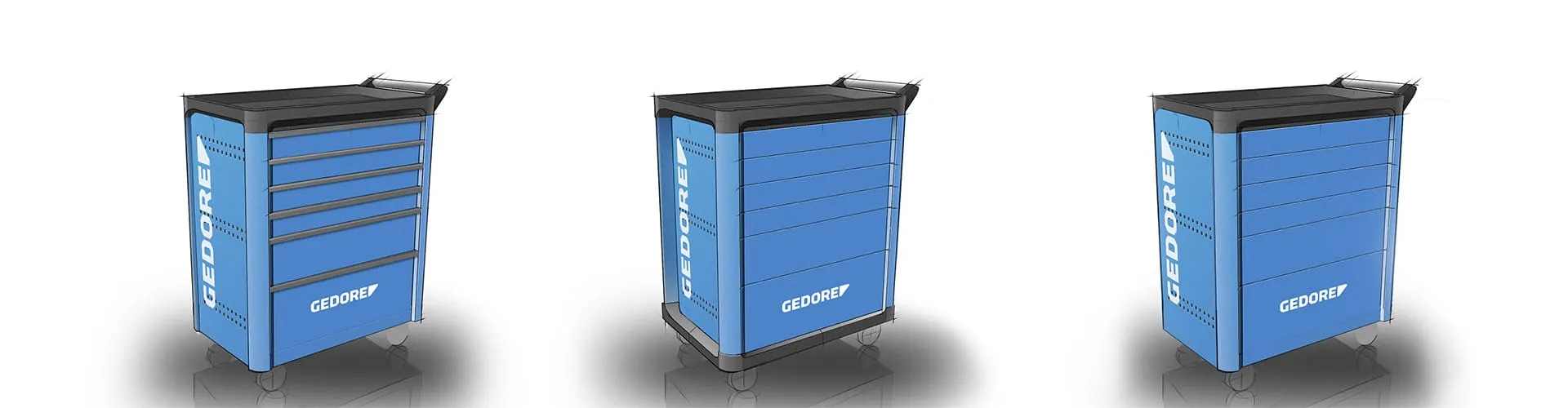 Drei Designkonzeptskizzen des GEDORE WORKSTER smartline mit unterschiedlichen Schubladenkonfigurationen