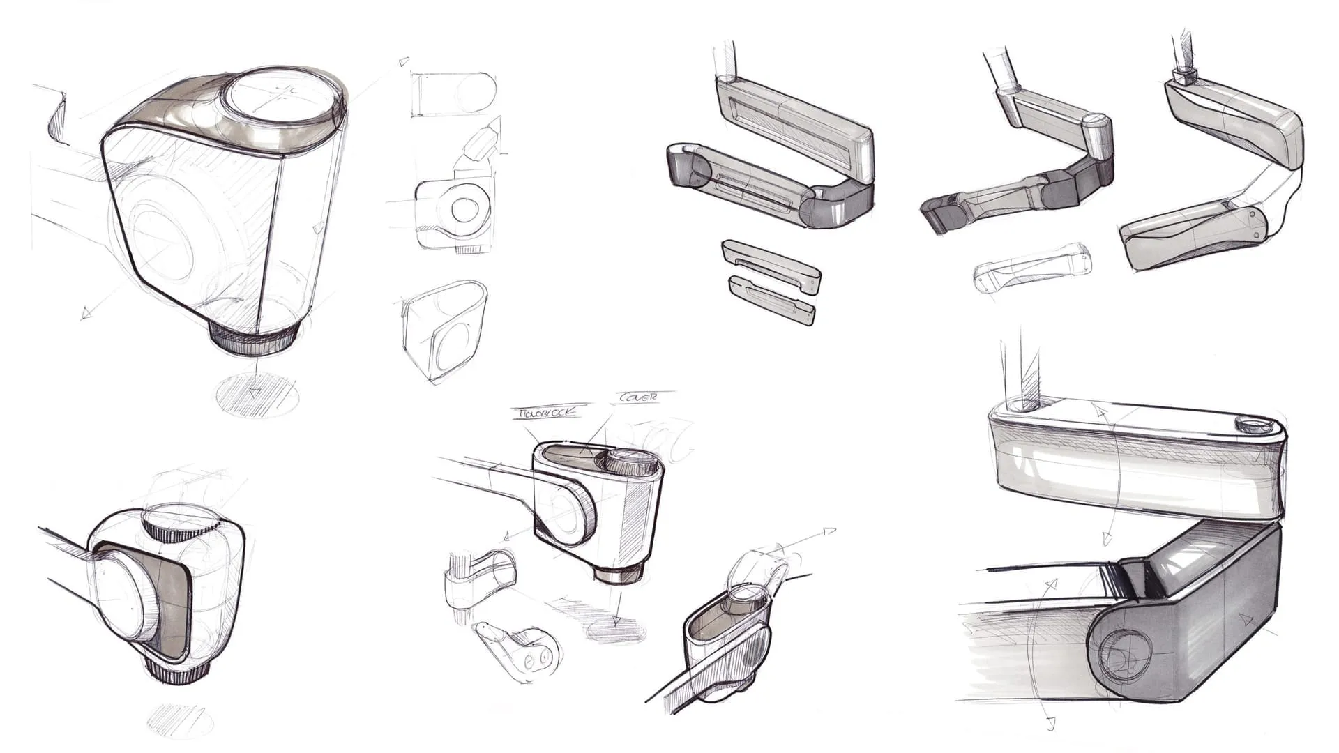 Industrial design sketches exploring grip and arm concepts for the KEPLER dental microscope