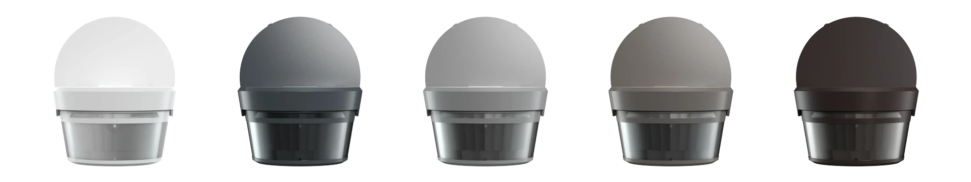 Colour and material variants of the Busch-Wächter PRO motion detector by Busch-Jaeger in anthracite, brown, stainless steel, aluminium silver and studio white