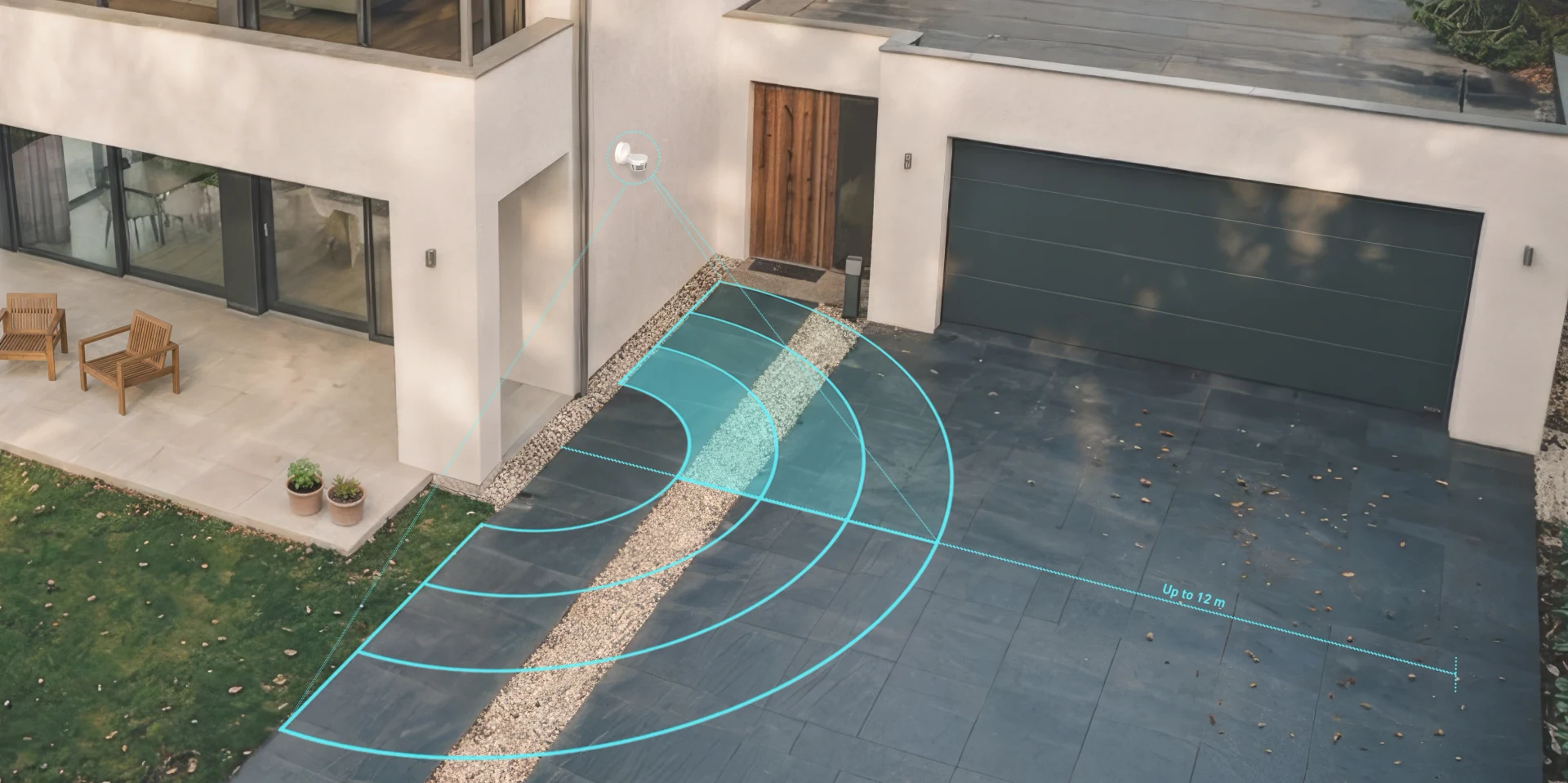 Busch-Wächter PRO motion detector by Busch-Jaeger on a house facade with visualised detection ranges in an outdoor setting