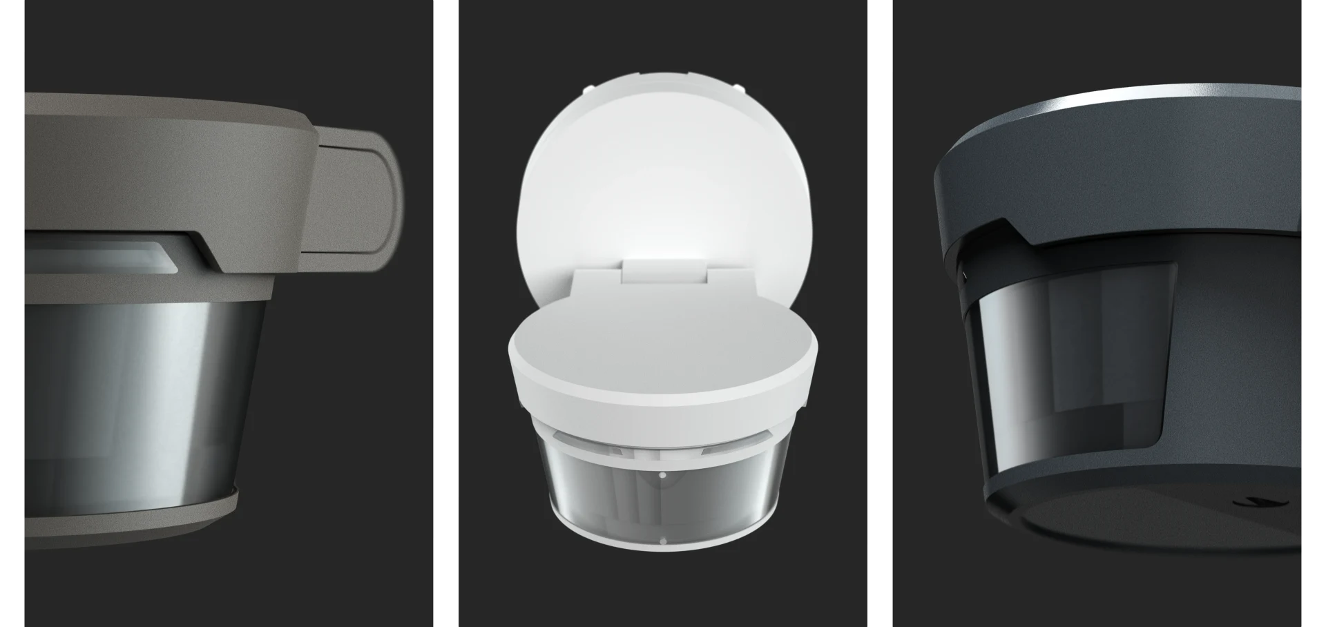 Three detail views of the Busch-Wächter PRO motion detector by Busch-Jaeger: sensor head, square design frame and underside