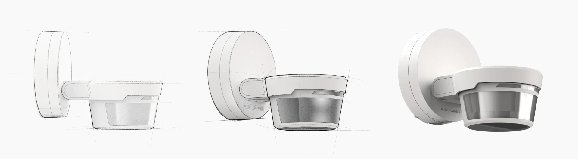 Sketchover of the Busch-Wächter PRO motion detector by Busch-Jaeger: transition from hand sketch to final product render