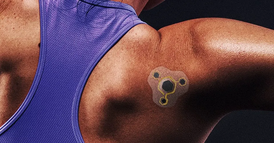 Athlete's shoulder with thin Covestro Patch 3D-printed wearable adhered directly to skin