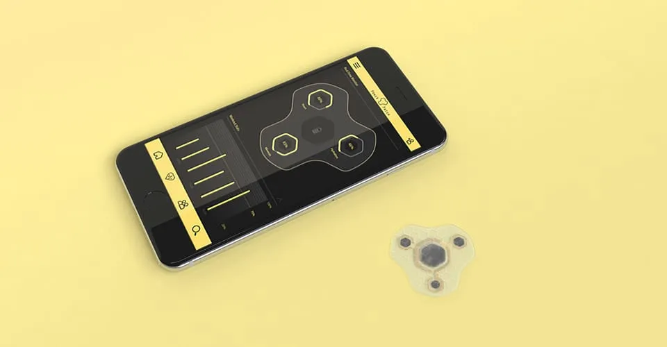 Covestro Patch 3D-printed wearable next to companion app on smartphone against yellow background